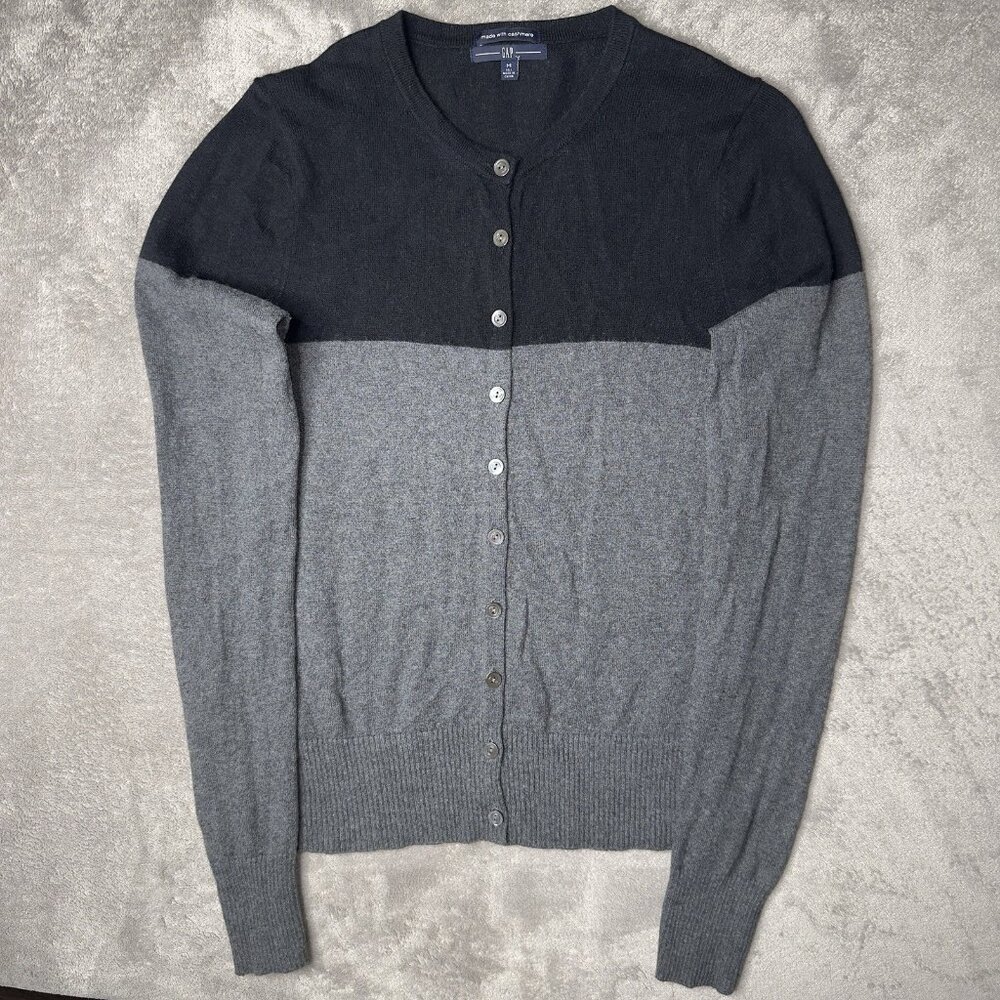 GAP Cardigan Sweater Women's M Tall Gray Black Colorblock Knit Cashmere Preppy